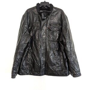 LEVIS Jacket Men's 2XL Brown Faux Leather Snap Sherpa Lined Trucker Bomber READ